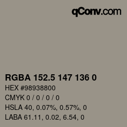 Code couleur: RGBA 152.5 147 136 0 | qconv.com