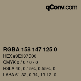 Color code: RGBA 158 147 125 0 | qconv.com