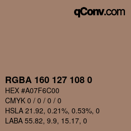 Color code: RGBA 160 127 108 0 | qconv.com