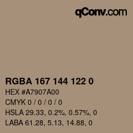 Color code: RGBA 167 144 122 0 | qconv.com