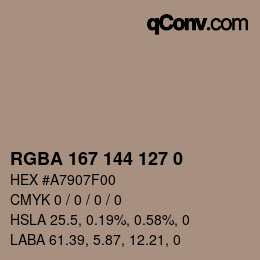 Color code: RGBA 167 144 127 0 | qconv.com