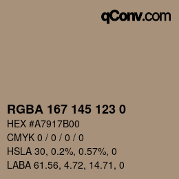 Color code: RGBA 167 145 123 0 | qconv.com