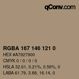 Color code: RGBA 167 146 121 0 | qconv.com