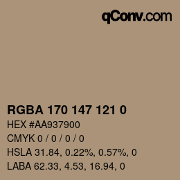 Color code: RGBA 170 147 121 0 | qconv.com