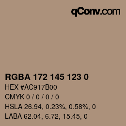 Color code: RGBA 172 145 123 0 | qconv.com