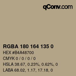 Color code: RGBA 180 164 135 0 | qconv.com