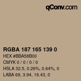 Color code: RGBA 187 165 139 0 | qconv.com