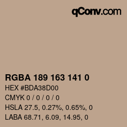 Color code: RGBA 189 163 141 0 | qconv.com
