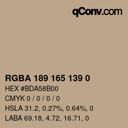 カラーコード: RGBA 189 165 139 0 | qconv.com