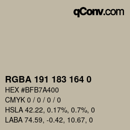 Color code: RGBA 191 183 164 0 | qconv.com