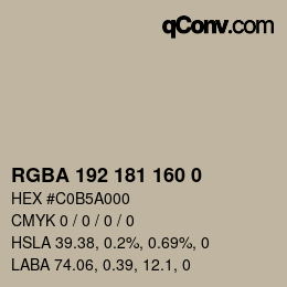Color code: RGBA 192 181 160 0 | qconv.com
