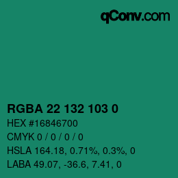 Color code: RGBA 22 132 103 0 | qconv.com