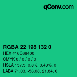 Color code: RGBA 22 198 132 0 | qconv.com