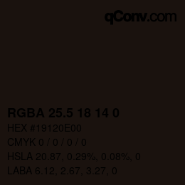 Color code: RGBA 25.5 18 14 0 | qconv.com