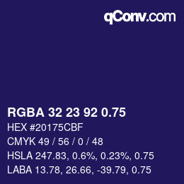 颜色代码: RGBA 32 23 92 0.75 | qconv.com