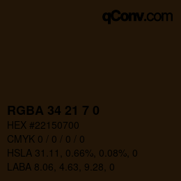Color code: RGBA 34 21 7 0 | qconv.com