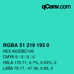 Color code: RGBA 51 219 193 0 | qconv.com