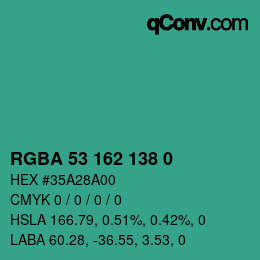カラーコード: RGBA 53 162 138 0 | qconv.com