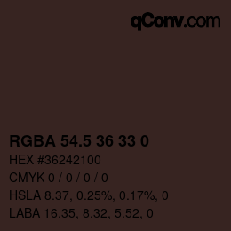 颜色代码: RGBA 54.5 36 33 0 | qconv.com