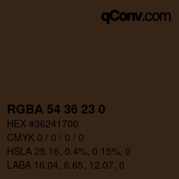 Color code: RGBA 54 36 23 0 | qconv.com