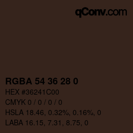 Color code: RGBA 54 36 28 0 | qconv.com