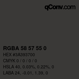 Color code: RGBA 58 57 55 0 | qconv.com