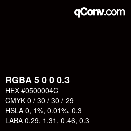 Farbcode: RGBA 5 0 0 0.3 | qconv.com