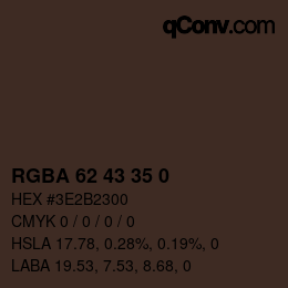 Color code: RGBA 62 43 35 0 | qconv.com