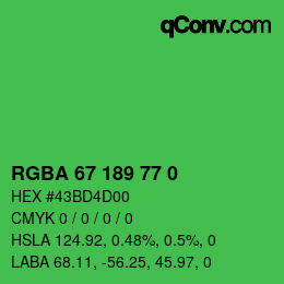 Farbcode: RGBA 67 189 77 0 | qconv.com