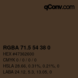 Color code: RGBA 71.5 54 38 0 | qconv.com