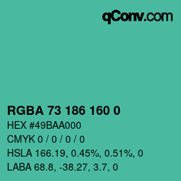 Color code: RGBA 73 186 160 0 | qconv.com