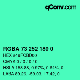 Color code: RGBA 73 252 189 0 | qconv.com