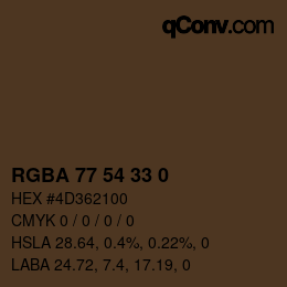 Color code: RGBA 77 54 33 0 | qconv.com