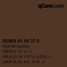 Color code: RGBA 81 54 37 0 | qconv.com