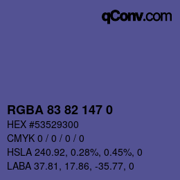 Color code: RGBA 83 82 147 0 | qconv.com