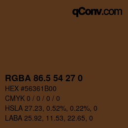 Color code: RGBA 86.5 54 27 0 | qconv.com