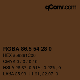 Color code: RGBA 86.5 54 28 0 | qconv.com
