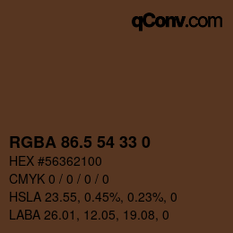 Color code: RGBA 86.5 54 33 0 | qconv.com