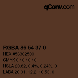 Color code: RGBA 86 54 37 0 | qconv.com