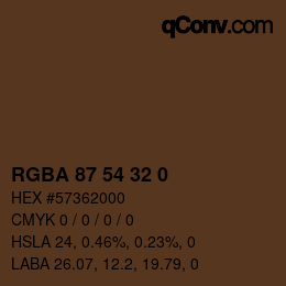 Color code: RGBA 87 54 32 0 | qconv.com