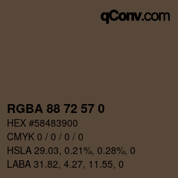 Color code: RGBA 88 72 57 0 | qconv.com