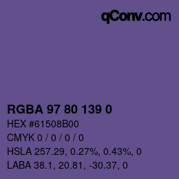Color code: RGBA 97 80 139 0 | qconv.com