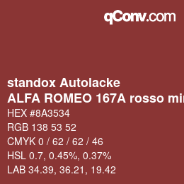 Farbcode: standox Autolacke - ALFA ROMEO 167A rosso miro | qconv.com