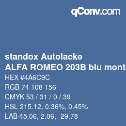 Code couleur: standox Autolacke - ALFA ROMEO 203B blu montecarlo OEM 2006 | qconv.com