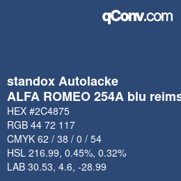 Farbcode: standox Autolacke - ALFA ROMEO 254A blu reims OEM 2005 | qconv.com