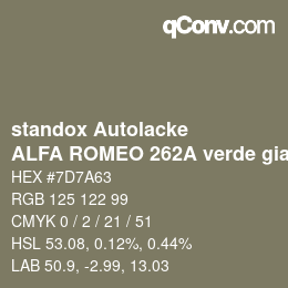 Code couleur: standox Autolacke - ALFA ROMEO 262A verde giannutri OEM 2006 | qconv.com