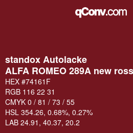 Code couleur: standox Autolacke - ALFA ROMEO 289A new rosso alfa OEM 2006 | qconv.com