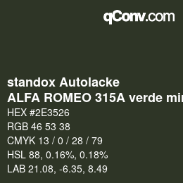 Farbcode: standox Autolacke - ALFA ROMEO 315A verde minerva | qconv.com