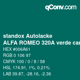 Código de color: standox Autolacke - ALFA ROMEO 320A verde caraibi | qconv.com