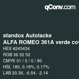 Farbcode: standox Autolacke - ALFA ROMEO 361A verde coventry | qconv.com